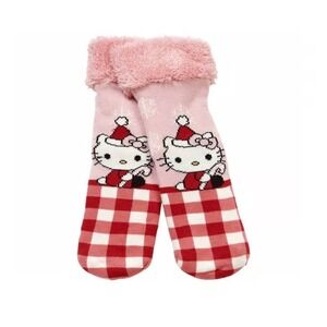 Hello Kitty Slipper Socks Women Pink Faux Fur Trim Gingham Holiday Christmas NWT